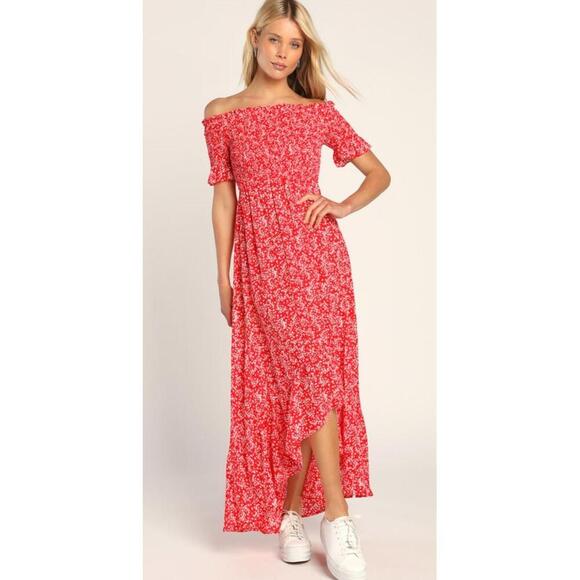 Lulu’s Fleur-tation Red Floral Print Off-the-Shoulder Mid Dress‎ Large - Picture 1 of 6
